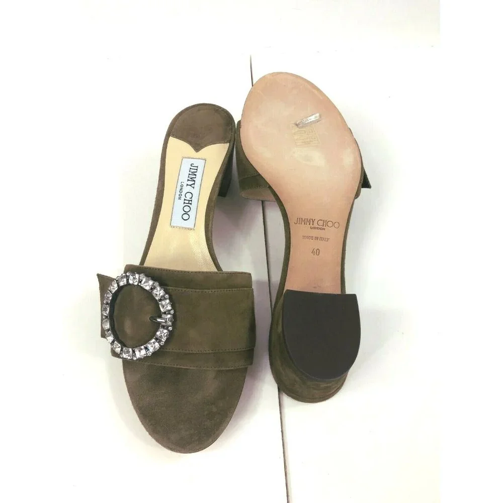 Jimmy Choo $700 Granger 35 Embellished Suede Sandals Green Brown 40